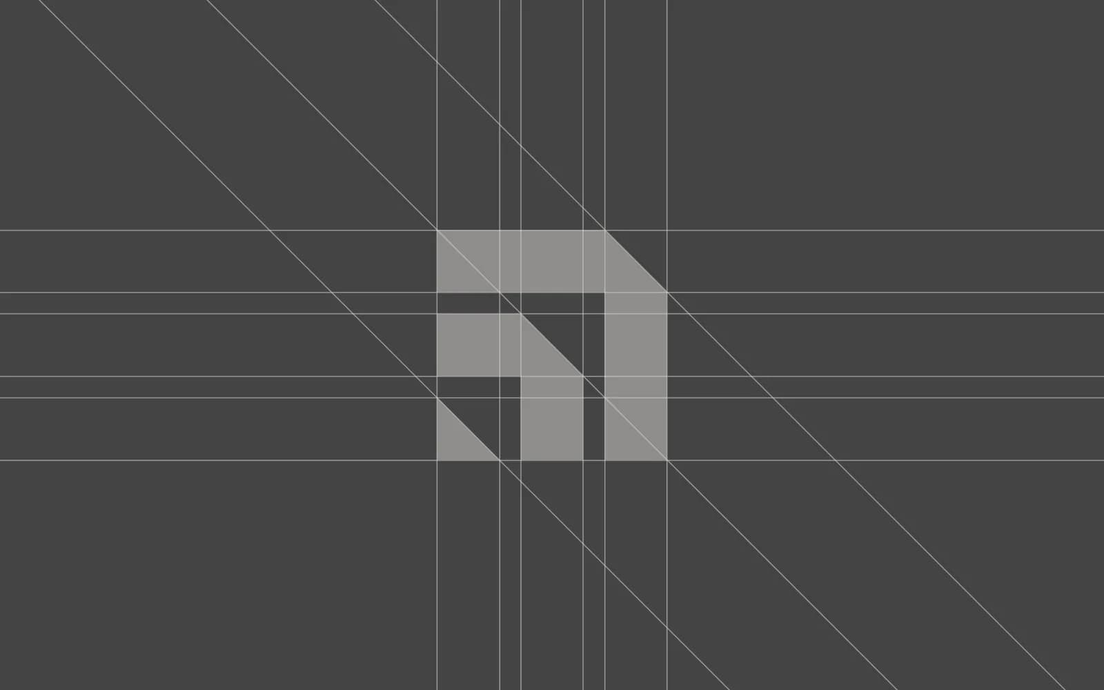 The Aurexon symbol laid over its construction grid: horizontal, vertical and diagonal guide lines showing how the angled mark is built from a square