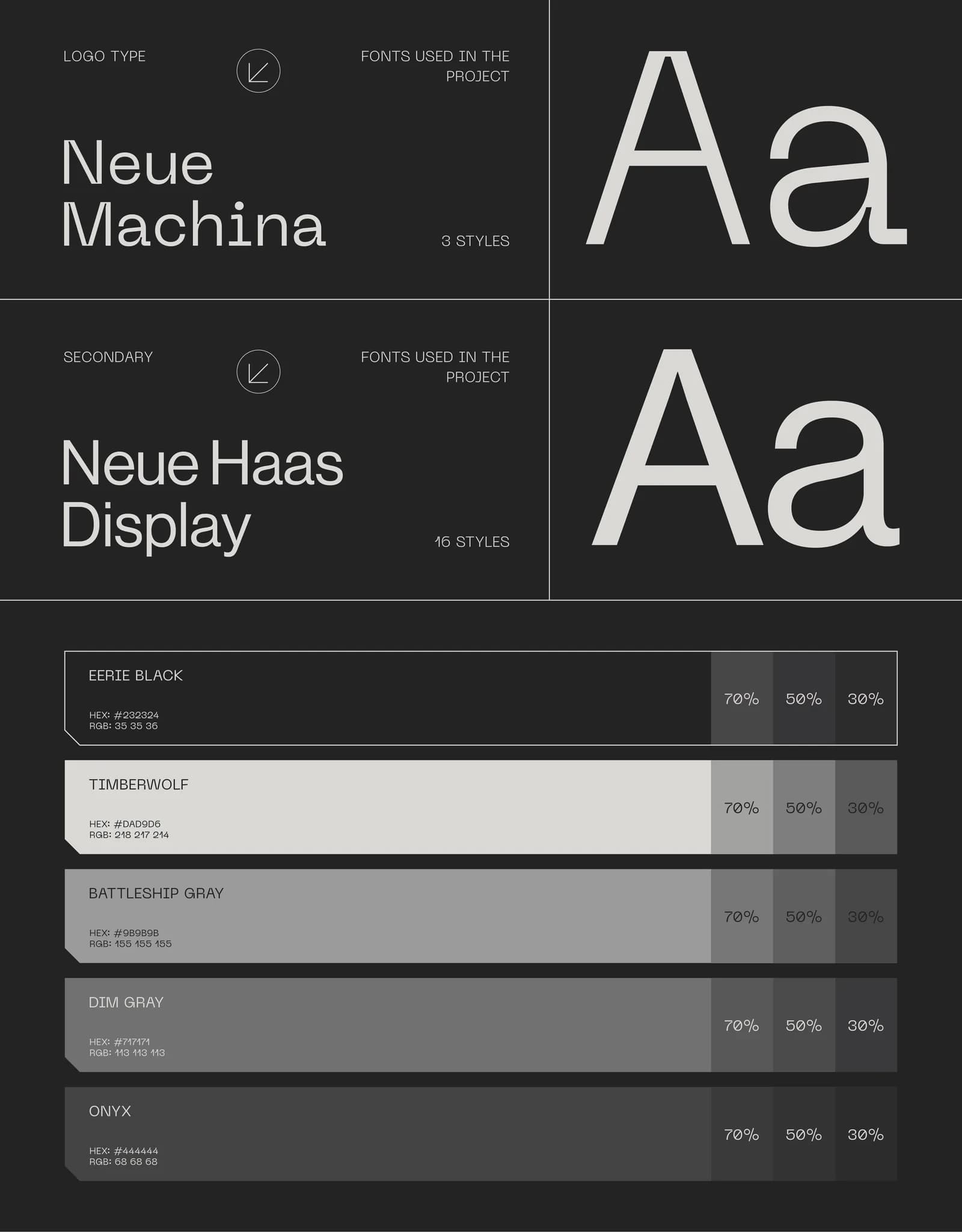 A typography and colour page from the Aurexon guidelines: Neue Machina for the logo type and Neue Haas Display as secondary, with five grey swatches named Eerie Black, Timberwolf, Battleship Gray, Dim Gray and Onyx, each with HEX and RGB values and 70, 50 and 30 percent tints.