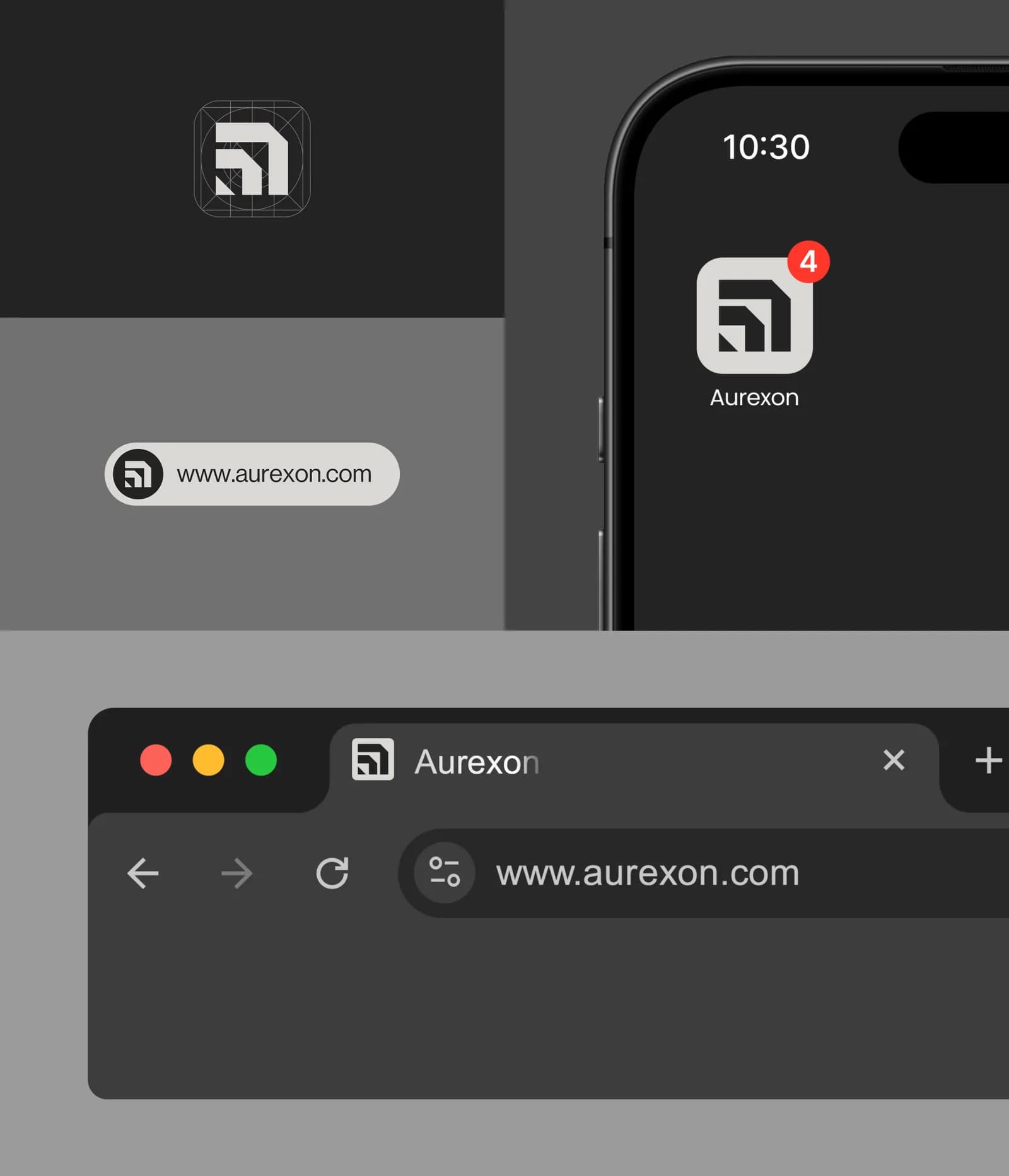 The Aurexon symbol as an app icon on a construction grid, as a favicon beside the web address in a pill-shaped tab, on a phone home screen with a notification badge, and in a browser tab.