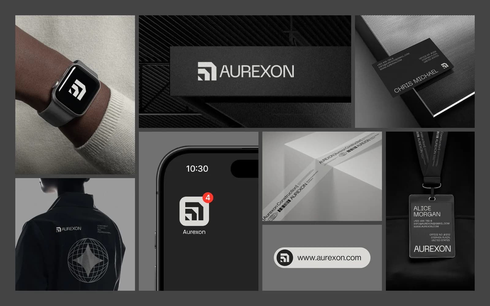 A grid of Aurexon brand applications: the symbol on a smartwatch face, the logo on a dark steel sign, business cards, an app icon on a phone, a workwear jacket, branded packing tape, a browser tab and a staff lanyard