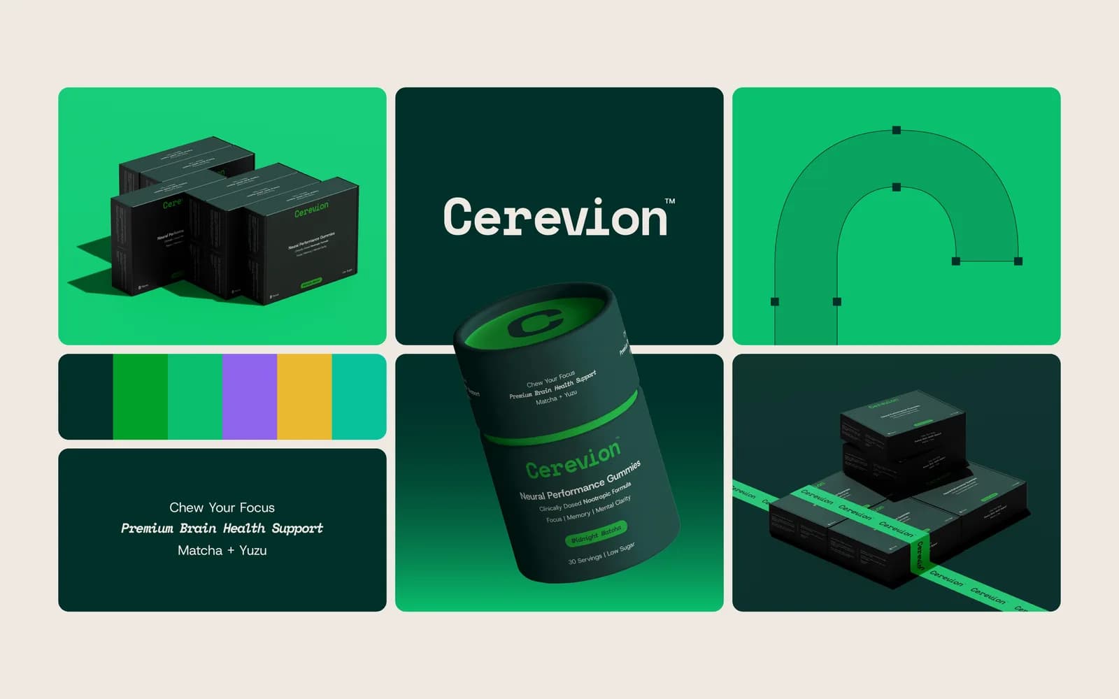 A brand board for Cerevion: a stack of dark green gummy cartons on bright green, the Cerevion wordmark on dark green, a curved construction diagram, a colour strip of greens, purple, yellow and teal, a tub with a green lid, and cartons wrapped in branded tape.