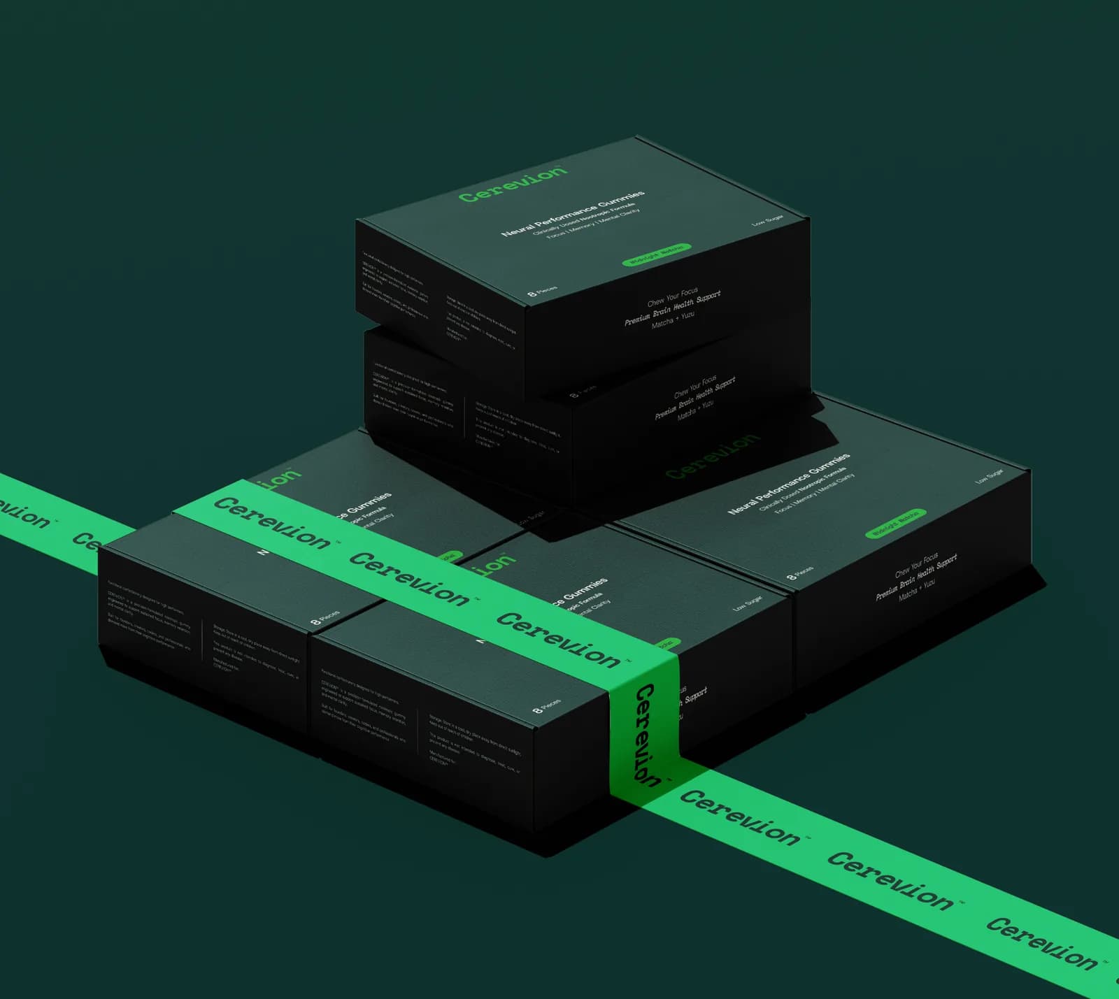 A stack of dark green Cerevion Neural Performance Gummies cartons, labelled Midnight Matcha and Low Sugar, with bright green Cerevion packing tape running across the front.