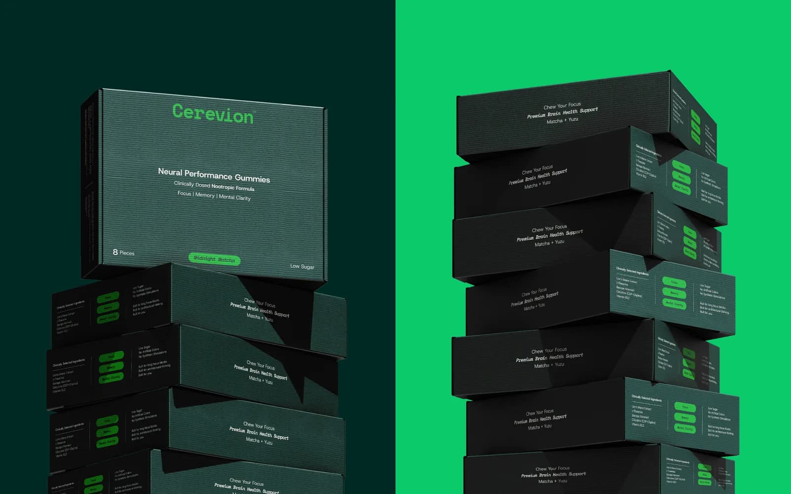 Cerevion gummy cartons stacked in two piles, dark green boxes with the lime green wordmark and a Midnight Matcha flavour badge, against a dark background on one side and bright green on the other