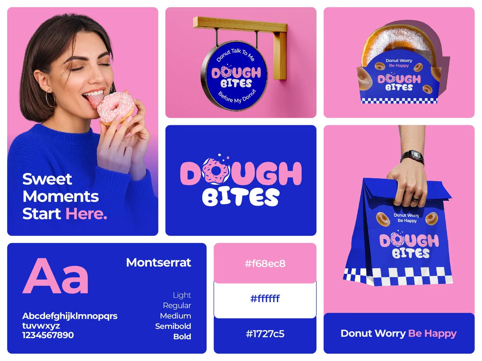 Dough Bites brand board: a woman in a cobalt jumper biting a pink-iced donut, a round hanging sign reading Donut Talk To Me Before My Donut, a donut in a blue holder with a checkered edge, the bubbly pink and white Dough Bites wordmark on cobalt, a Montserrat type specimen, three colour swatches and a hand holding a cobalt paper bag with a checkered base.
