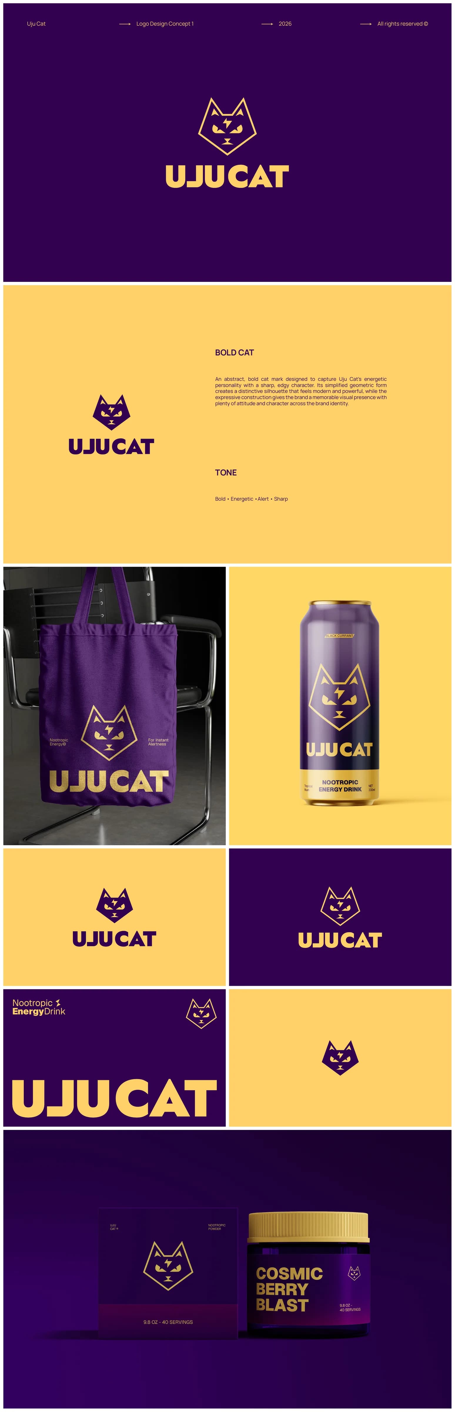 Uju Cat logo concept sheet: a geometric gold cat head with a lightning-bolt nose on deep purple, the wordmark in heavy capitals, the mark on a purple tote bag, a tall can, a gold-and-purple powder tub and a box.