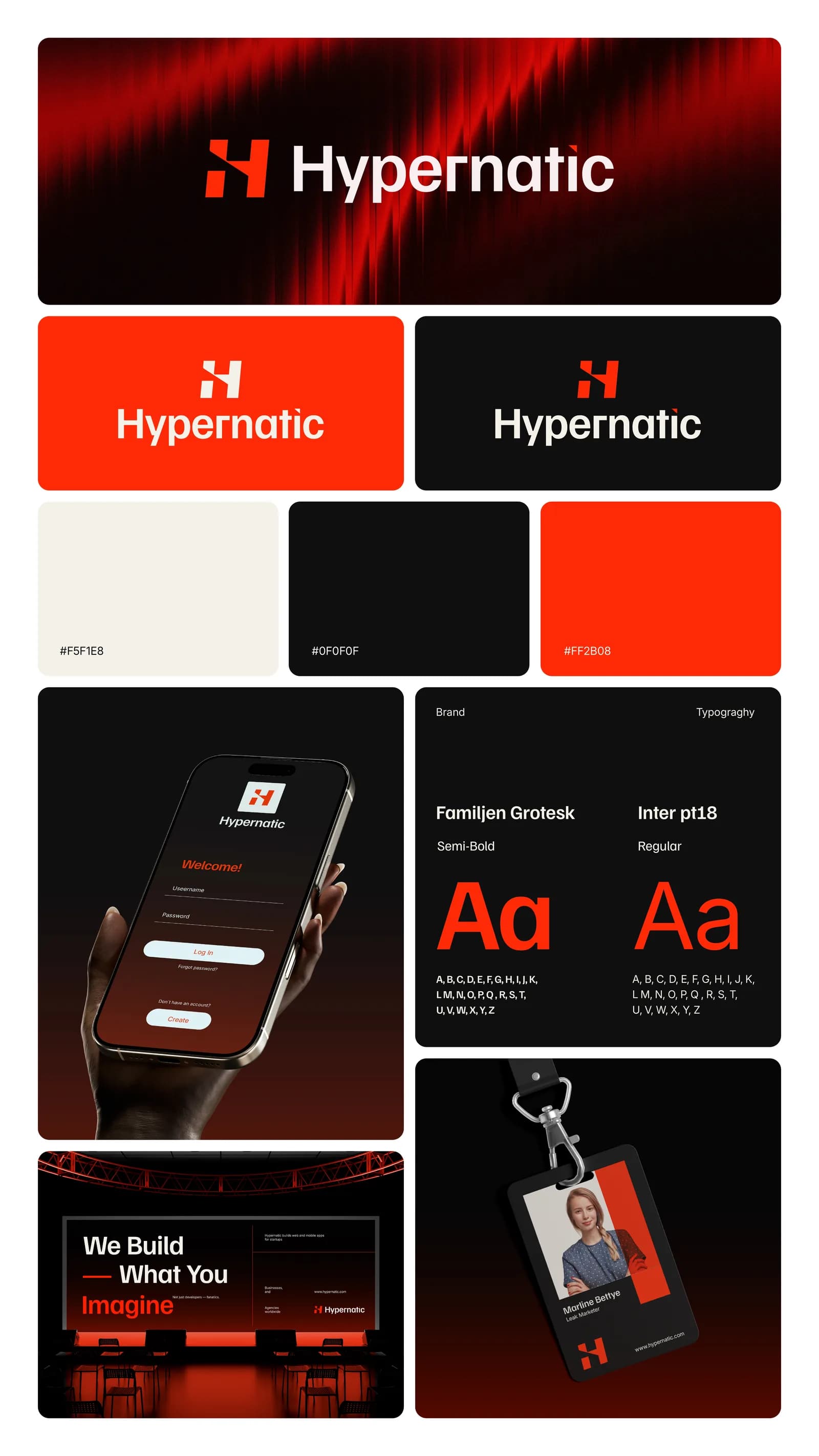 Hypernatic brand board: a red H mark and wordmark on black and on orange-red, three colour swatches, a login screen on a phone, Familjen Grotesk and Inter type samples, a conference screen and an ID badge on a lanyard